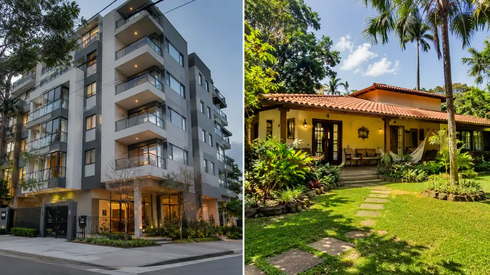 Comparação lado a lado entre prédio de apartamentos e casa com jardim no Brasil