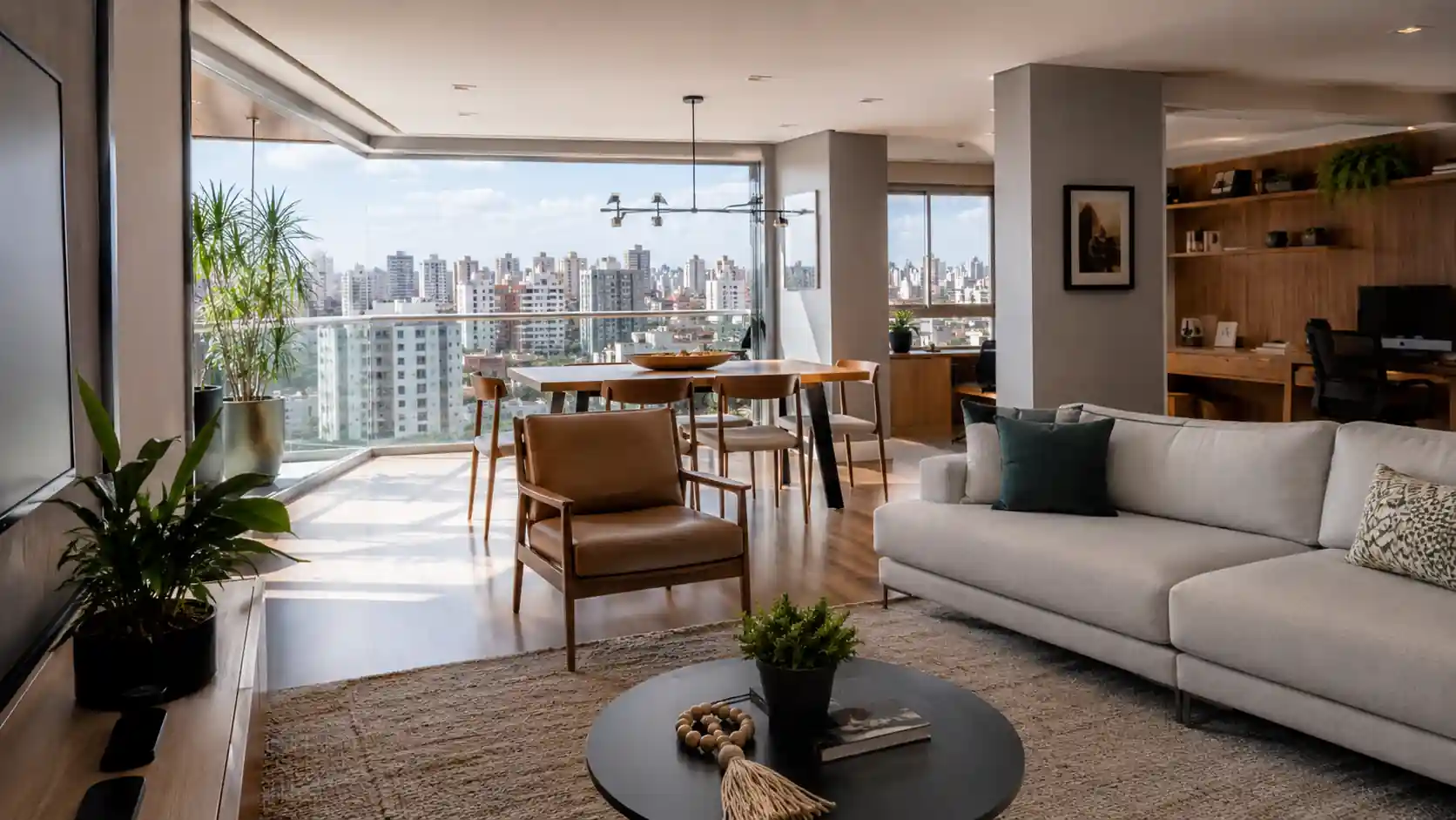 Interior de apartamento moderno no Brasil com sala de estar ampla e vista para a cidade
