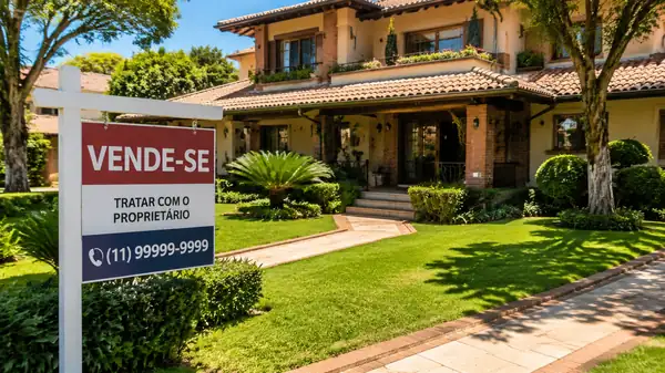 Placa de vende-se na frente de casa bem cuidada no Brasil