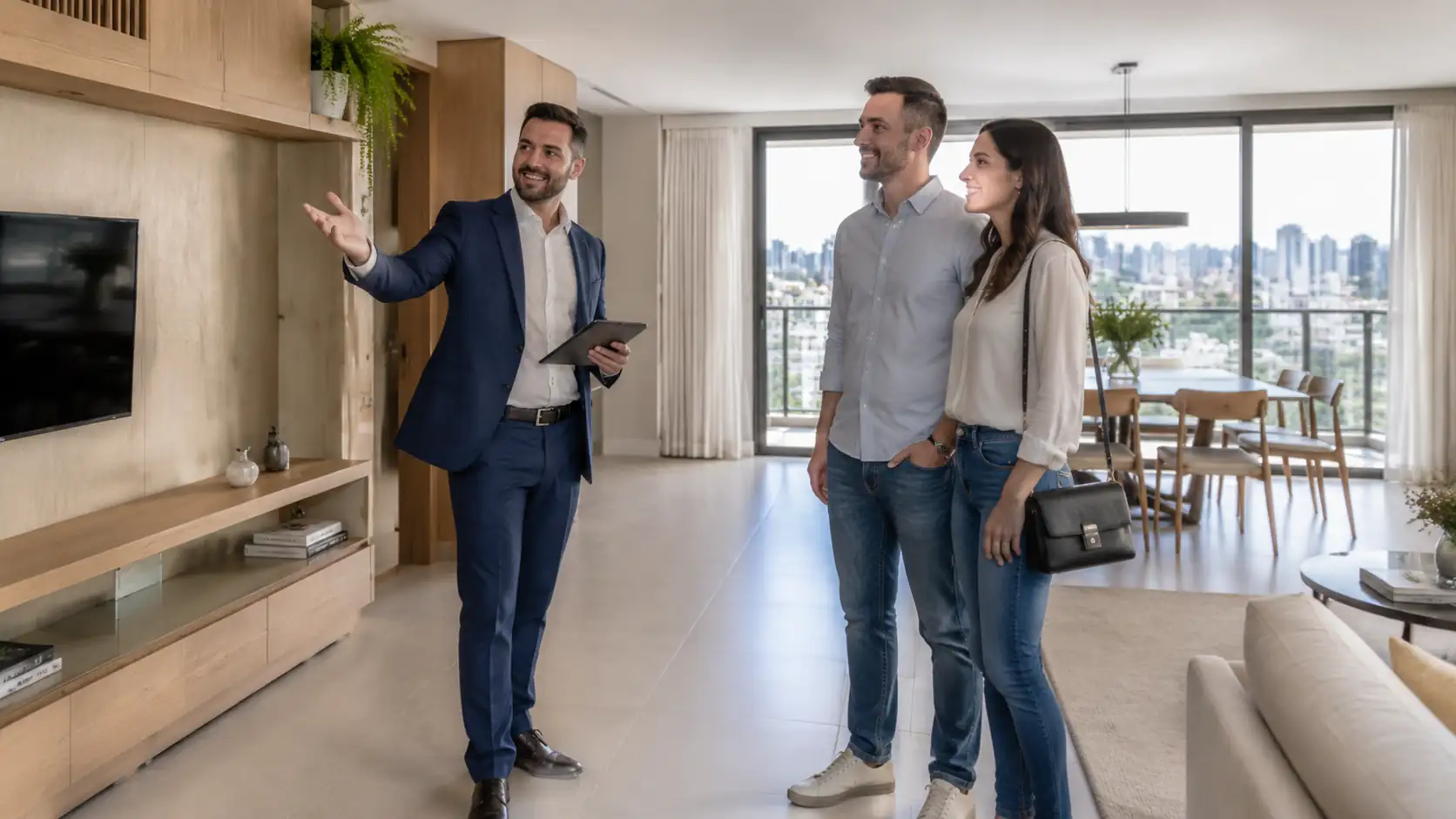 Corretor imobiliário com CRECI mostrando apartamento para clientes no Brasil 2026