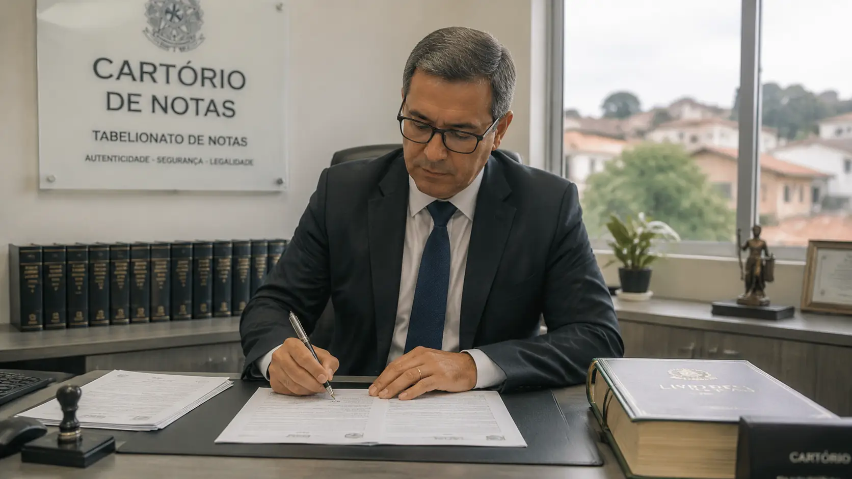 Tabelião em cartório brasileiro assinando escritura de imóvel