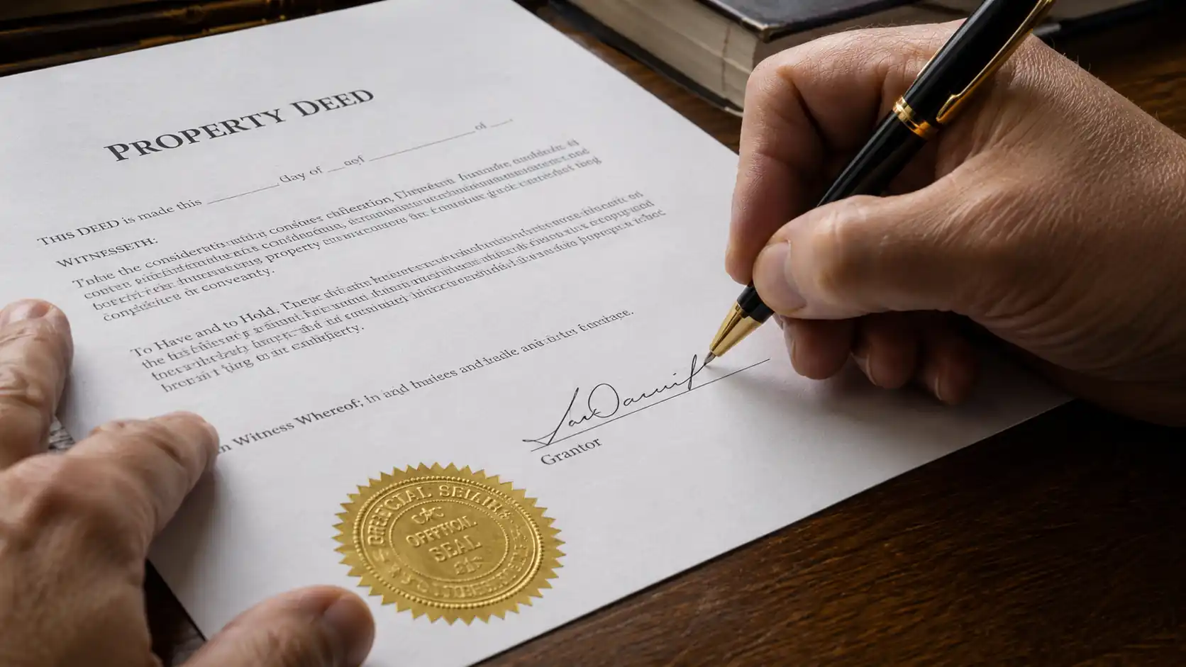 Mãos assinando documento de escritura de imóvel com carimbo oficial