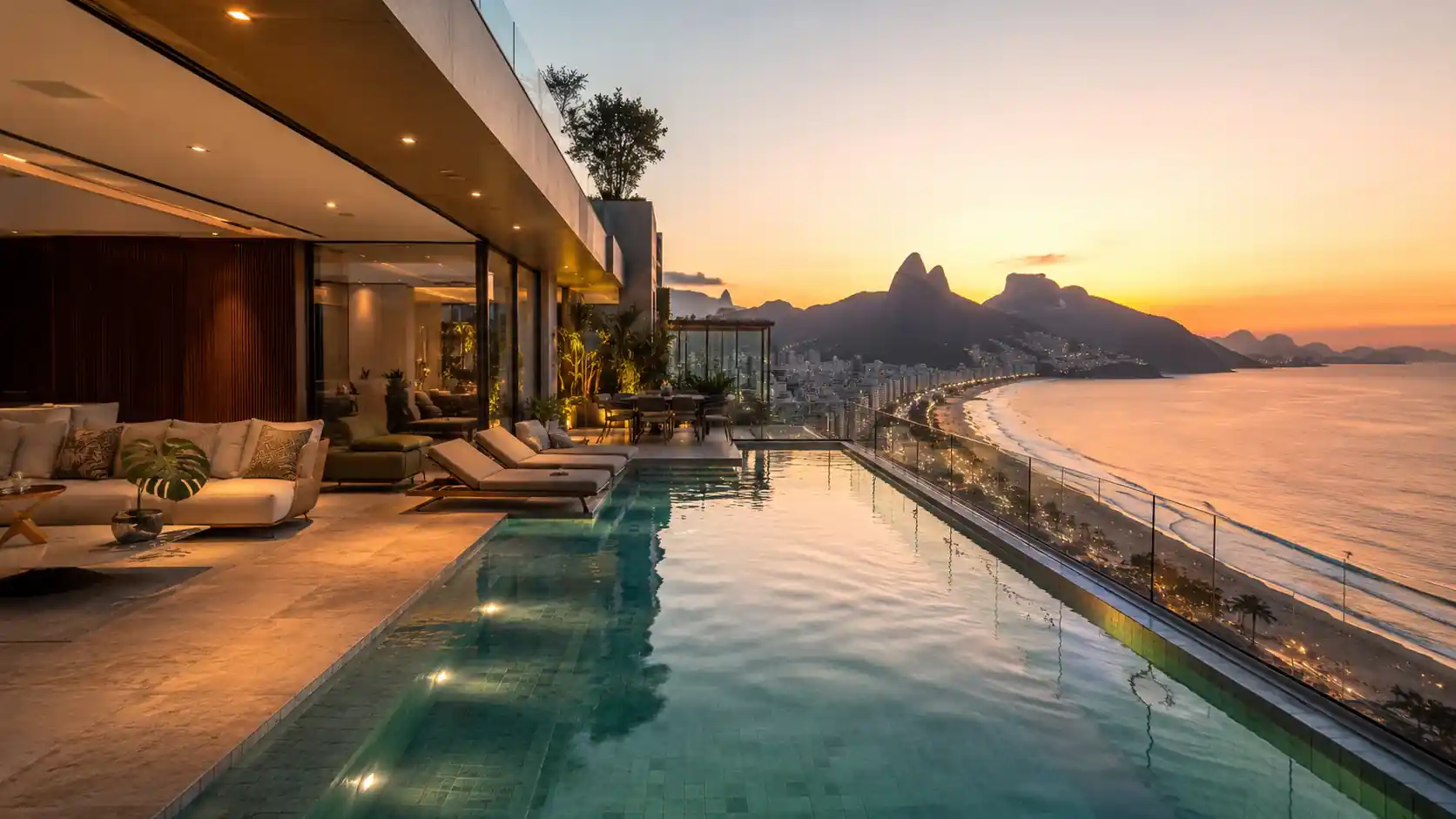 Vista aérea da orla de Ipanema no Rio de Janeiro com prédios de luxo e praia ao entardecer