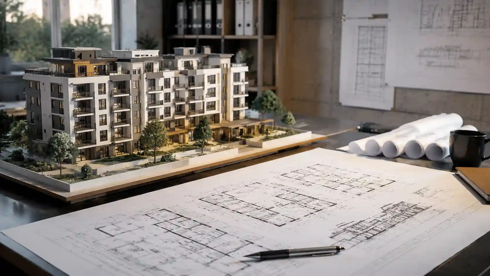 Planta baixa e maquete de empreendimento residencial em mesa de arquiteto