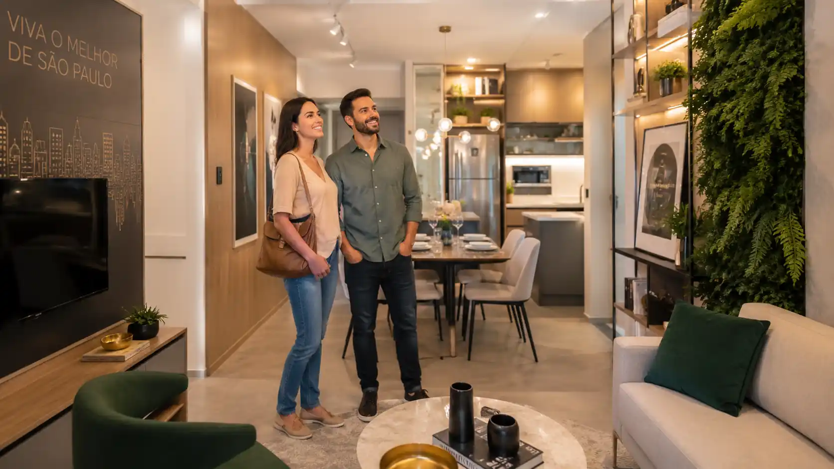 Casal visitando apartamento decorado em lançamento imobiliário brasileiro