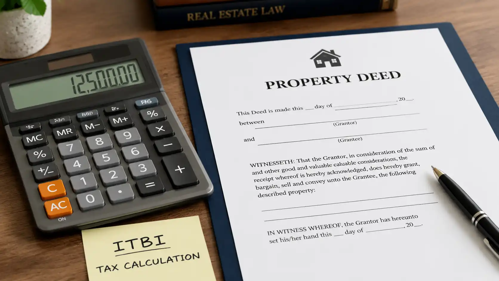 Calculadora e documentos de transmissão imobiliária sobre mesa