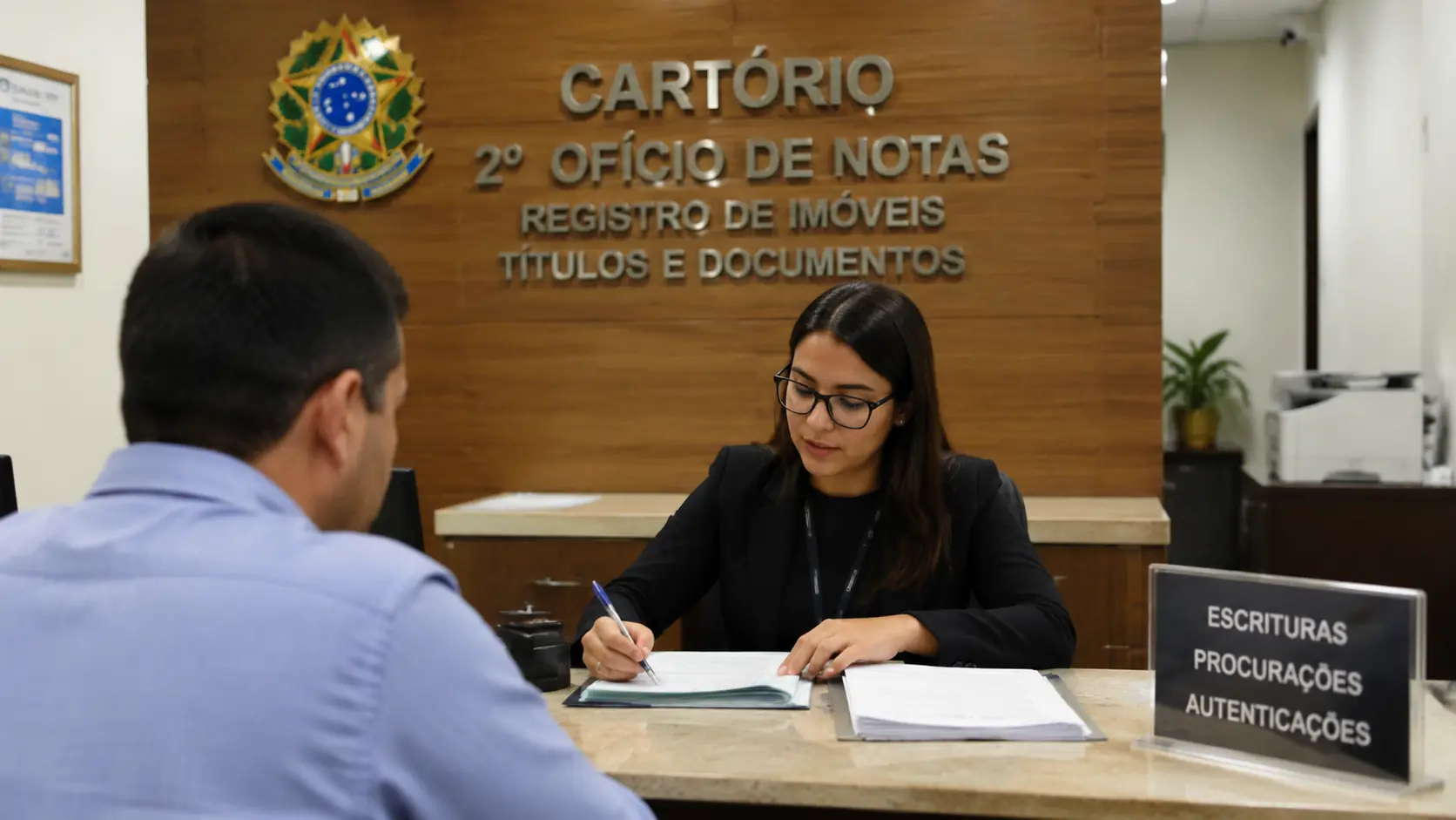 Cartório brasileiro com notário processando documentos de transferência de imóvel