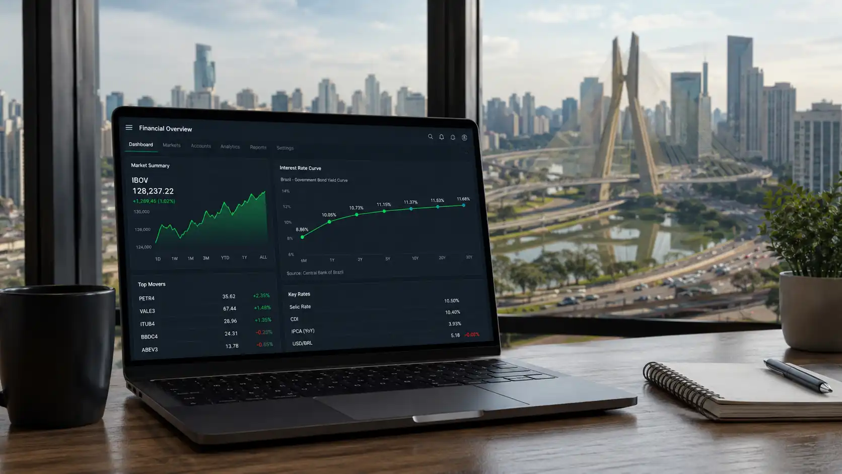 Tela de laptop com gráfico de juros e skyline de São Paulo ao fundo